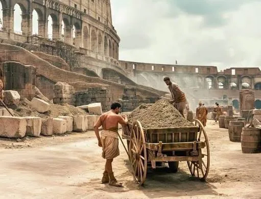 Obreros romanos descargando un carro cargado de mortero en una obra junto al Coliseo